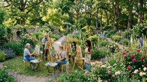 Five people painting floral landscapes on easels in a lush garden